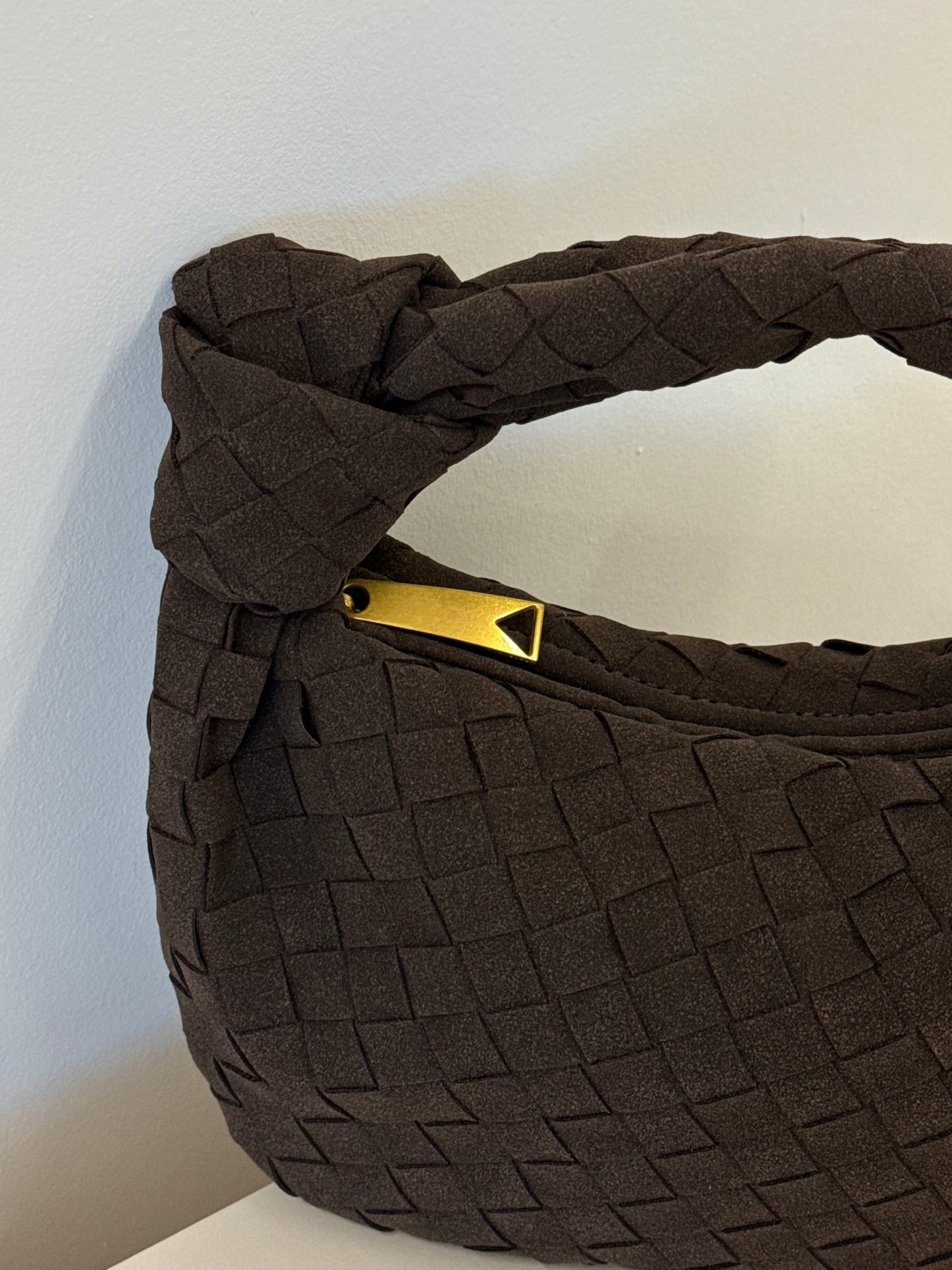 MONA MINI FAUX SUEDE WOVEN HANDBAG IN WALNUT