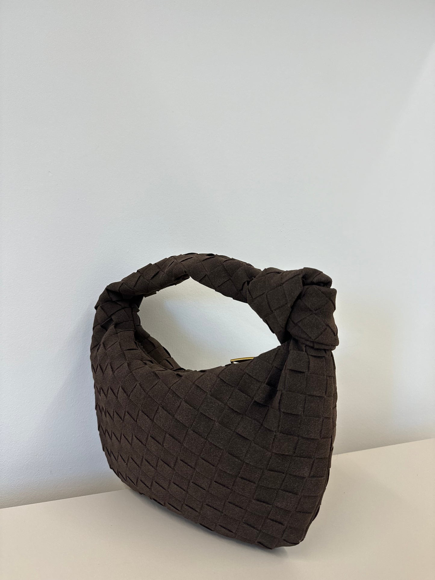MONA MINI FAUX SUEDE WOVEN HANDBAG IN WALNUT