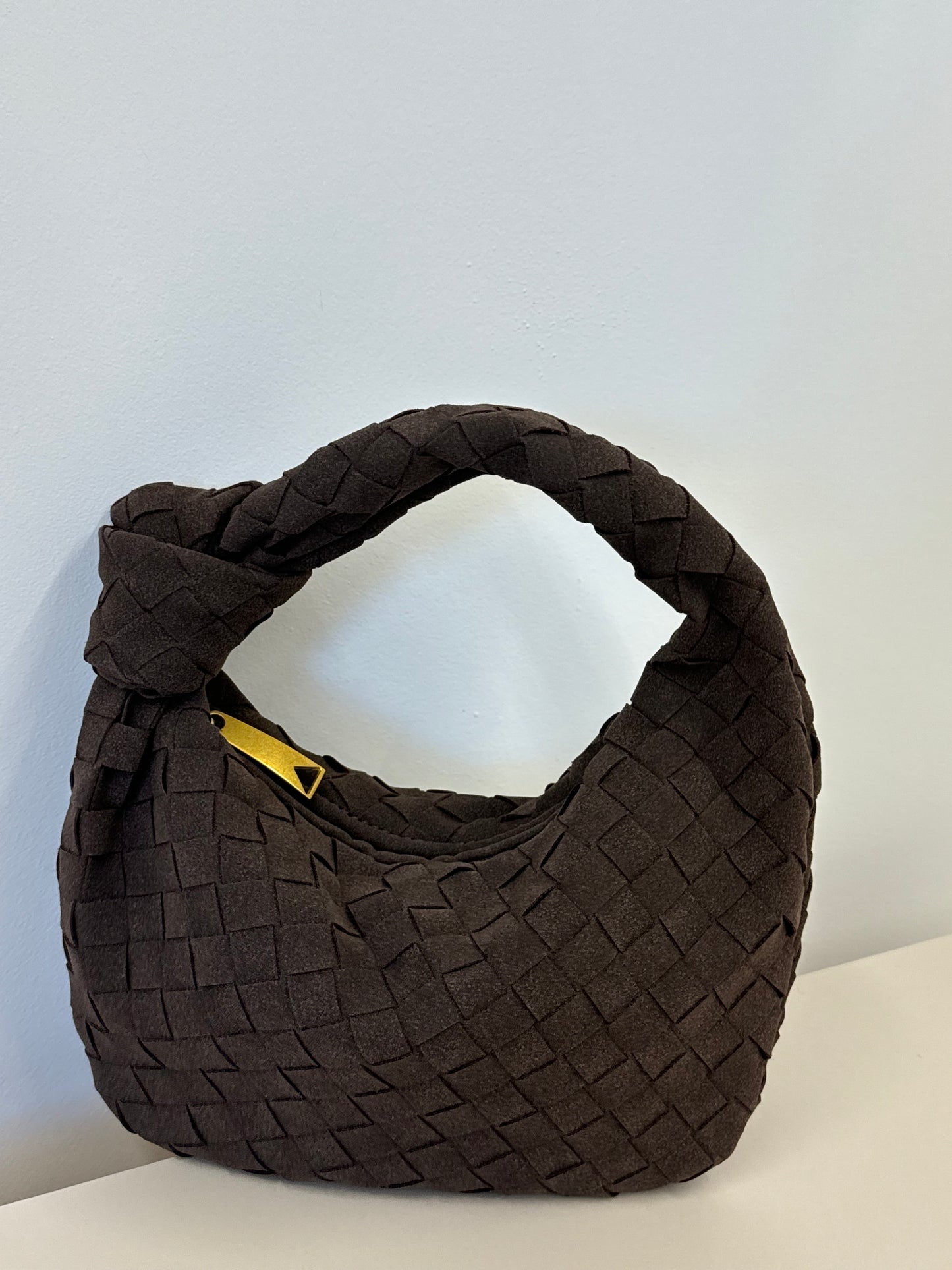 MONA MINI FAUX SUEDE WOVEN HANDBAG IN WALNUT