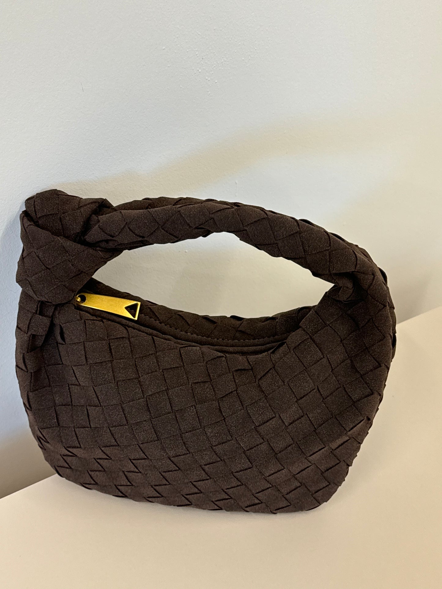 MONA MINI FAUX SUEDE WOVEN HANDBAG IN WALNUT