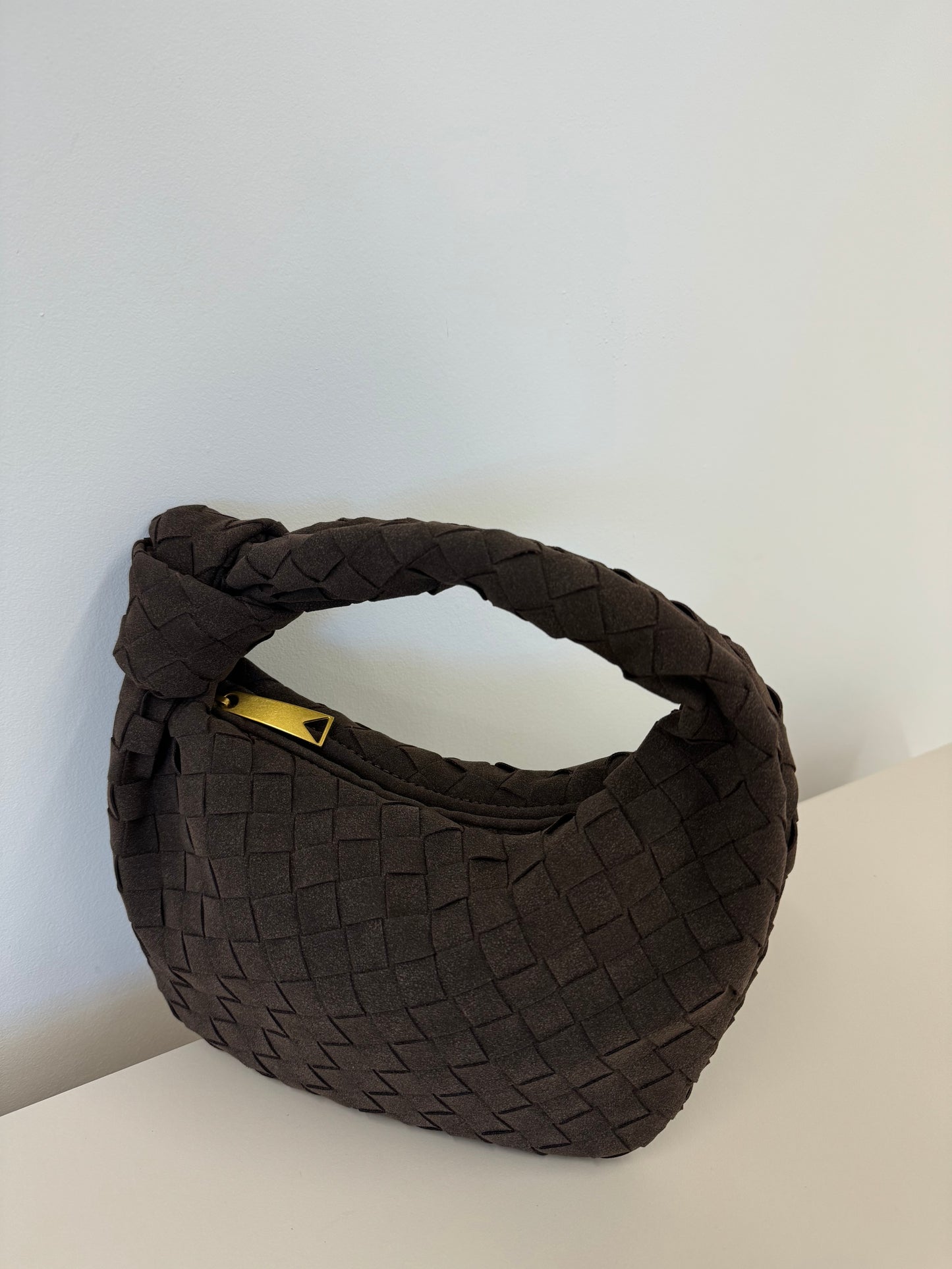 MONA MINI FAUX SUEDE WOVEN HANDBAG IN WALNUT