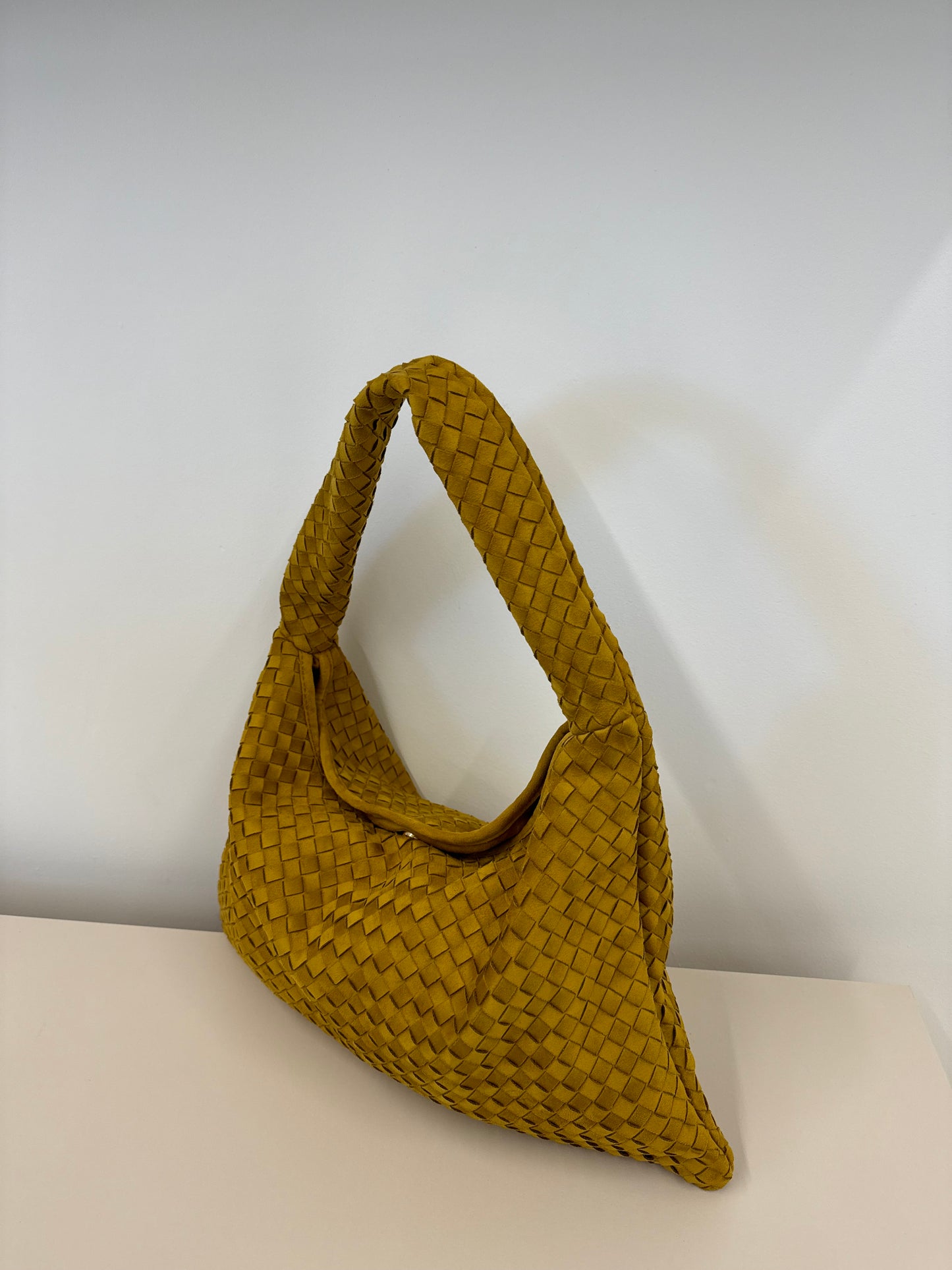 SAFIYA FAUX SUEDE WOVEN HANDBAG IN TAN