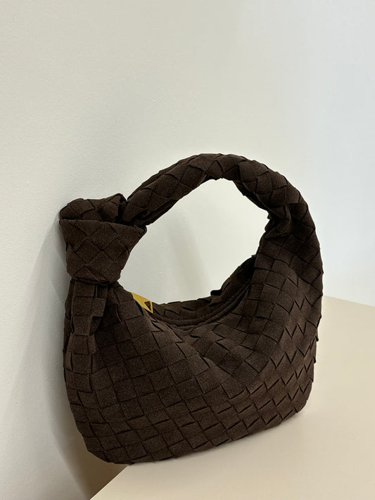 MONA MINI FAUX SUEDE WOVEN HANDBAG IN WALNUT