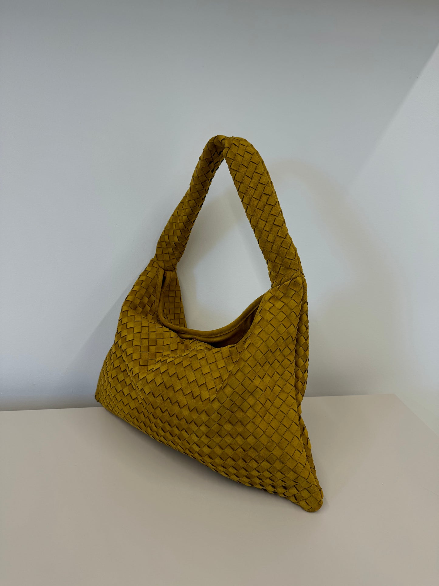 SAFIYA FAUX SUEDE WOVEN HANDBAG IN TAN