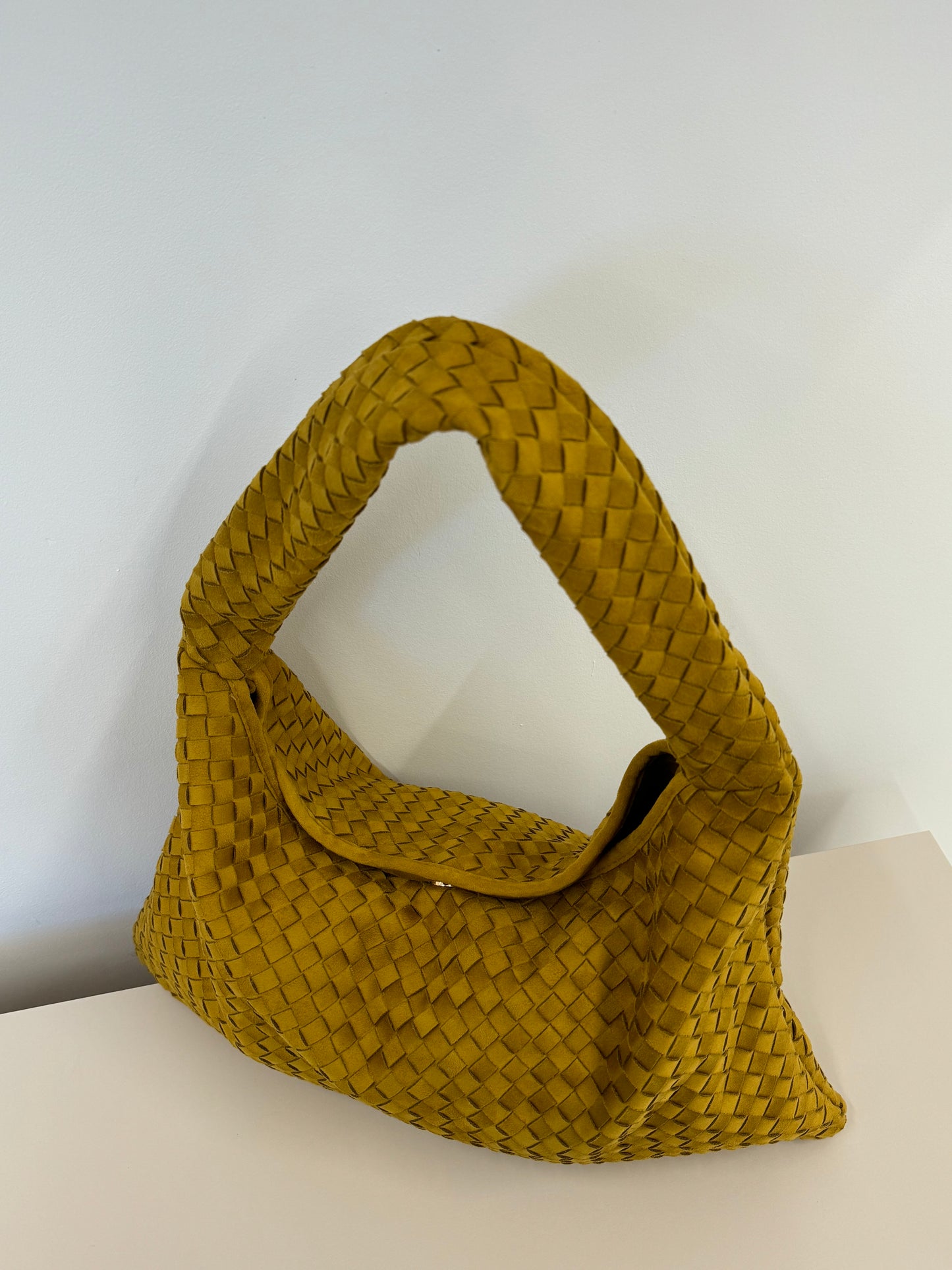 SAFIYA FAUX SUEDE WOVEN HANDBAG IN TAN