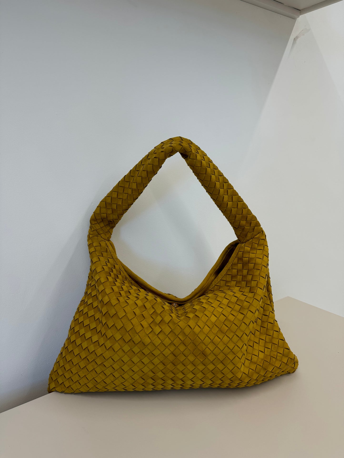 SAFIYA FAUX SUEDE WOVEN HANDBAG IN TAN