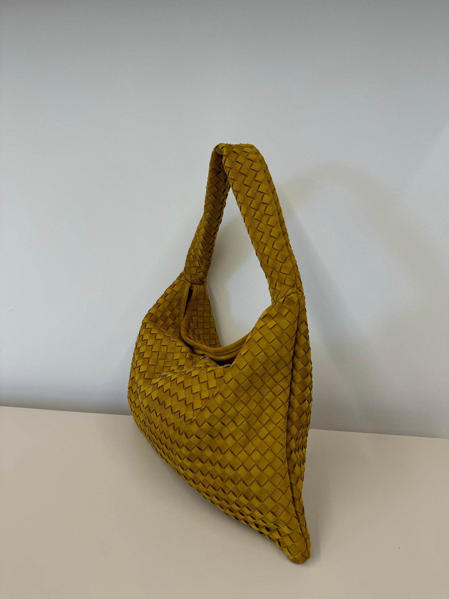 SAFIYA FAUX SUEDE WOVEN HANDBAG IN TAN