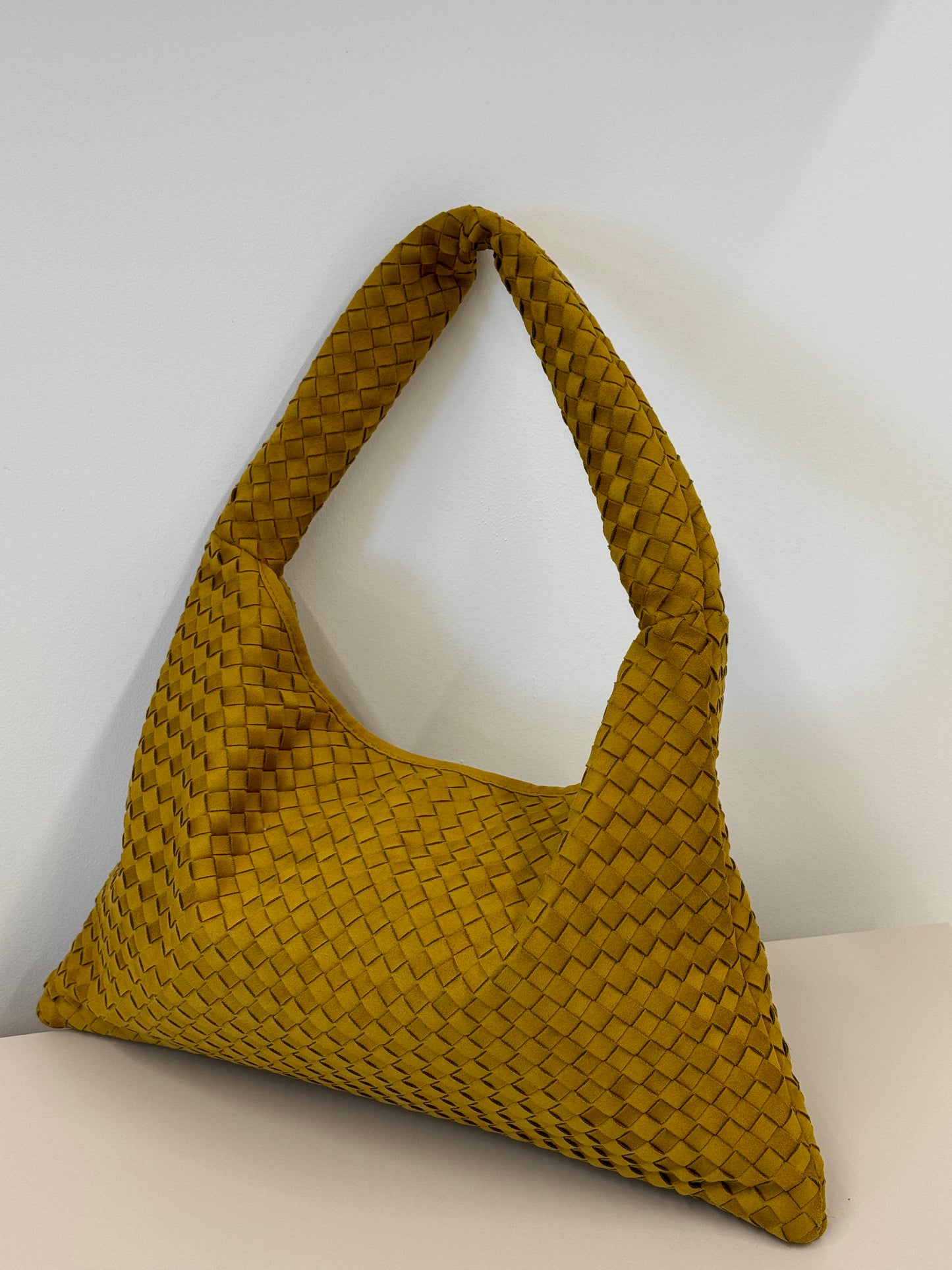 SAFIYA FAUX SUEDE WOVEN HANDBAG IN TAN